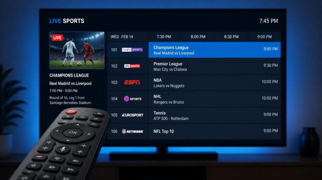 Guide des chaînes IPTV affiché sur un écran de télévision