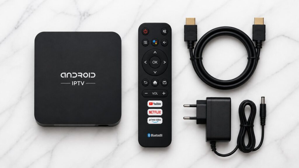 boitier iptv android avec télécommande bluetooth câble hdmi et adaptateur vue du dessus