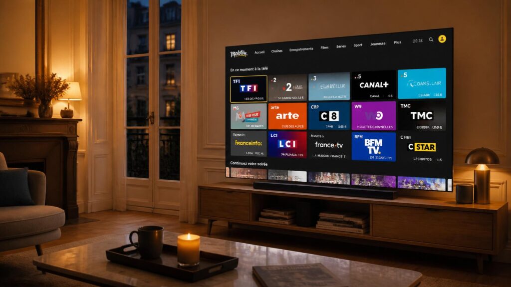 Interface IPTV premium affichée sur une Smart TV dans un salon