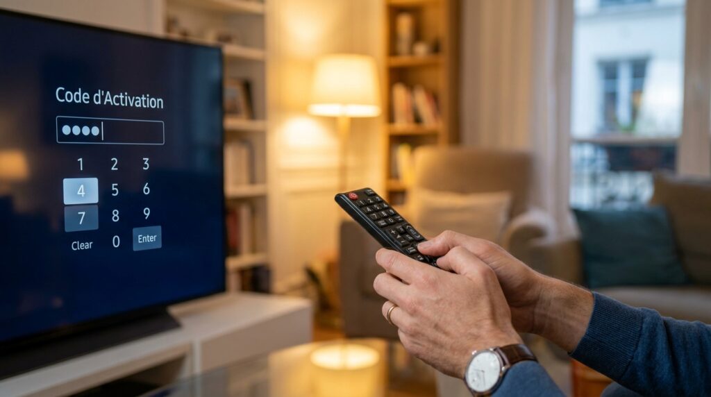 utilisateur français saisissant code activation flix iptv sur télévision avec télécommande