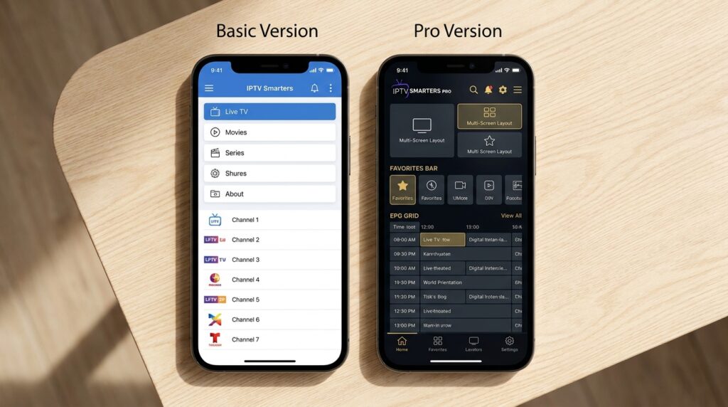 comparaison iptv smarters standard versus iptv smarters pro interface smartphone côte à côte