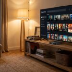 boitier android affichant flix iptv application dans salon français avec grille contenu organisée