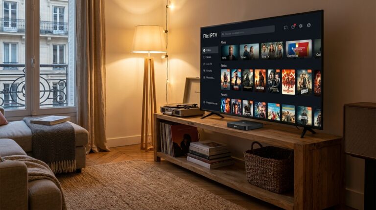 boitier android affichant flix iptv application dans salon français avec grille contenu organisée