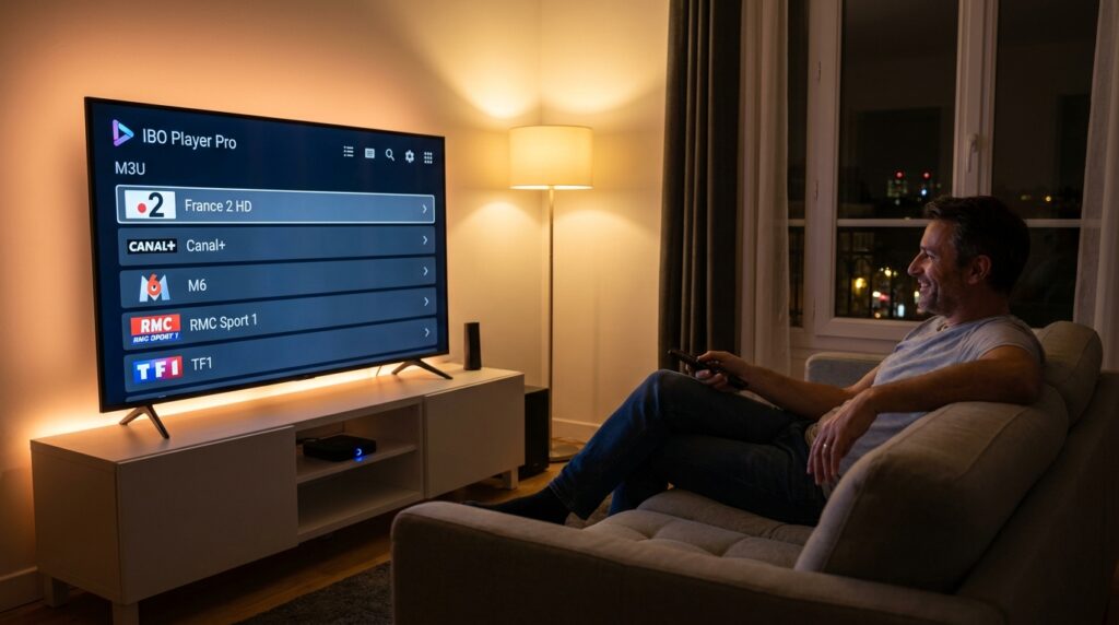 utilisateur en France regardant IPTV sur IBO Player Pro via box Android