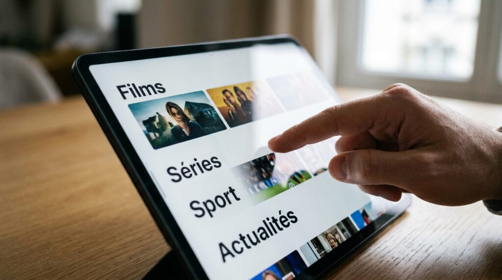 doigt naviguant dans ott player application avec catégories françaises films sport séries sur tablette