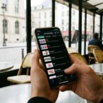 mains tenant smartphone avec application iptv smarters chaînes françaises fond café parisien