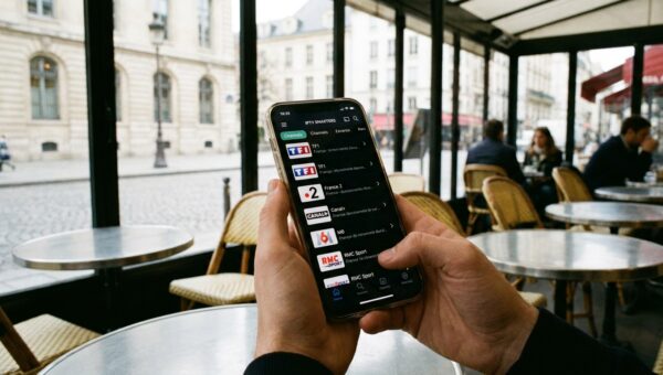 mains tenant smartphone avec application iptv smarters chaînes françaises fond café parisien
