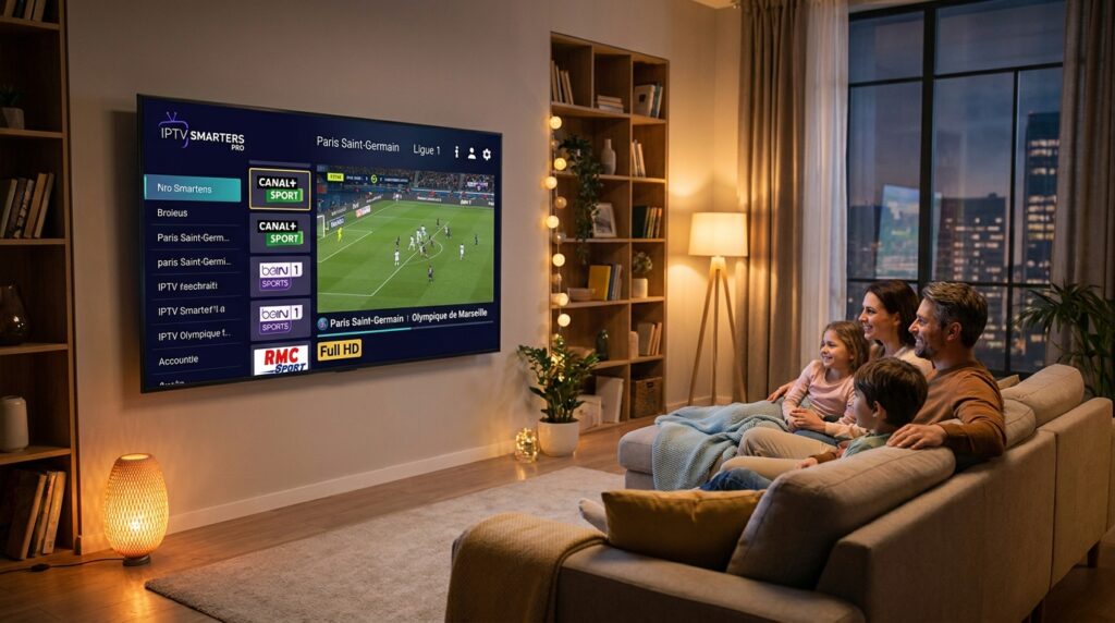 télévision avec iptv smarters pro affichant match football français haute définition soirée