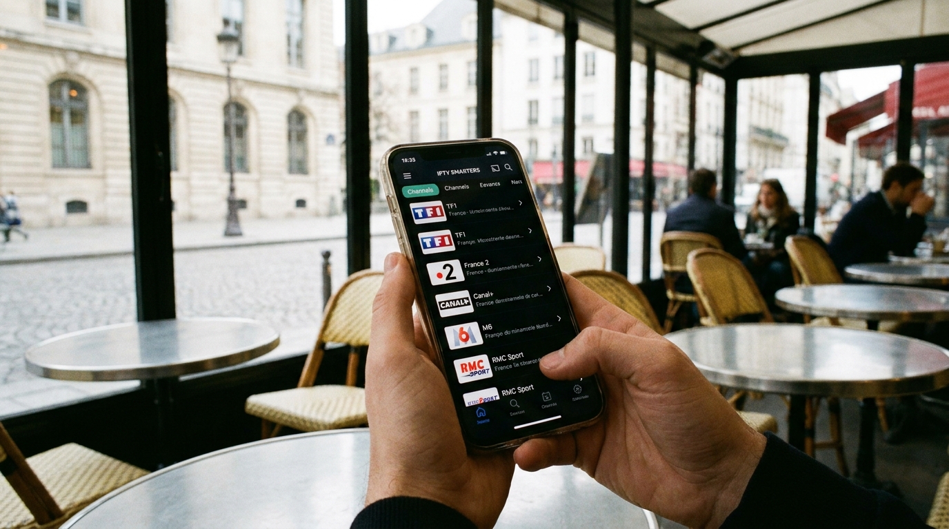 mains tenant smartphone avec application iptv smarters chaînes françaises fond café parisien