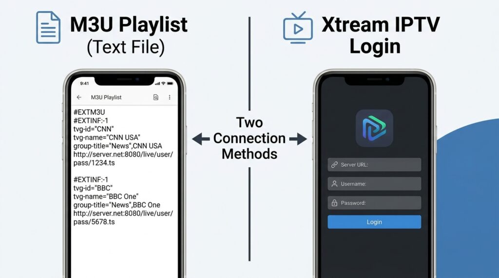 comparaison fichier m3u versus connexion xtream iptv sur smartphone deux méthodes