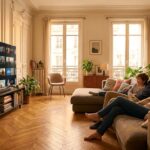 famille française regardant service ott iptv sur smart tv dans appartement haussmannien moderne