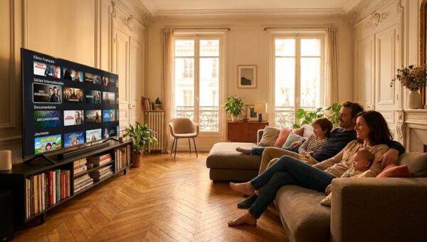 famille française regardant service ott iptv sur smart tv dans appartement haussmannien moderne