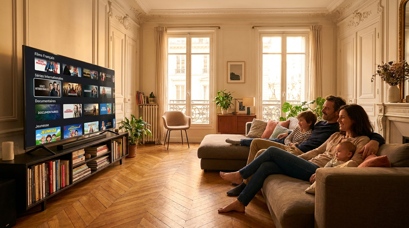 famille française regardant service ott iptv sur smart tv dans appartement haussmannien moderne