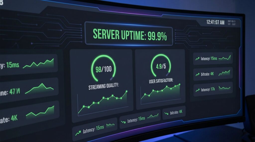 tableau de bord statistiques service ottpremium avec métriques serveurs uptime qualité streaming