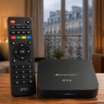 télécommande iptv moderne posée à côté d'un boitier iptv android sur table bois salon français