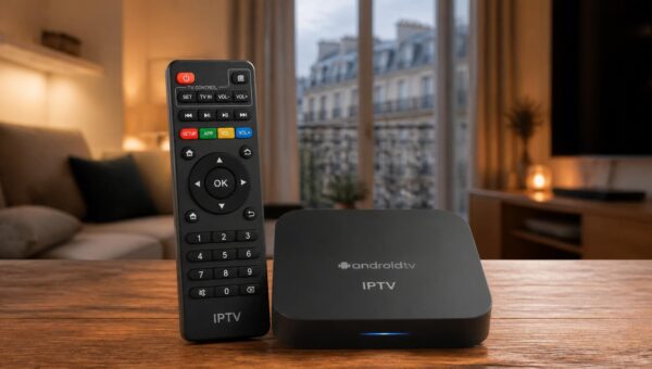 télécommande iptv moderne posée à côté d'un boitier iptv android sur table bois salon français