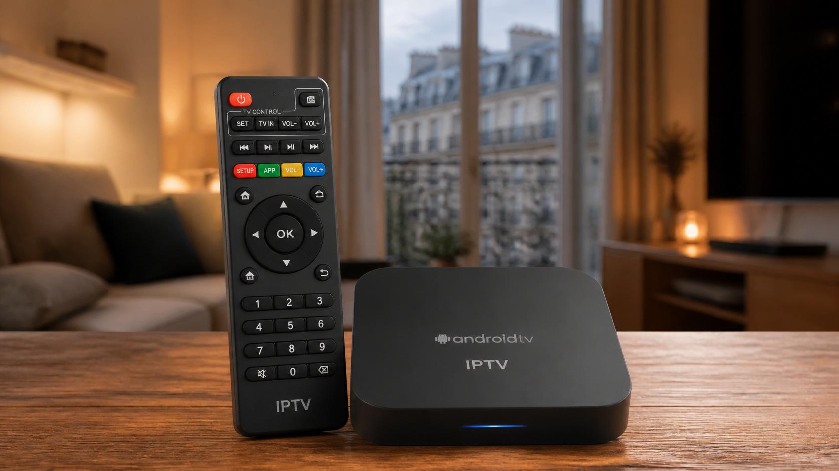 télécommande iptv moderne posée à côté d'un boitier iptv android sur table bois salon français