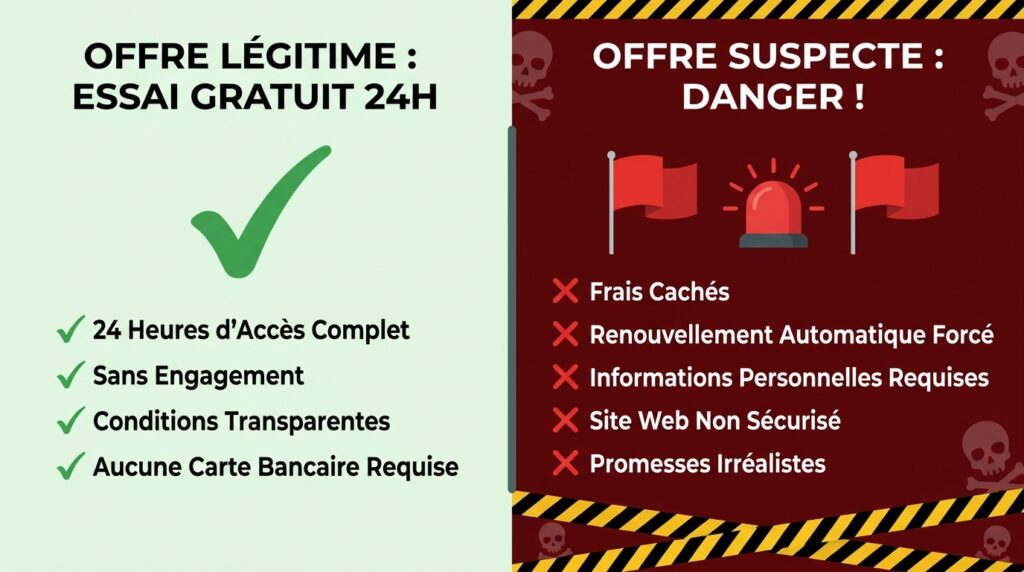 comparaison offre test iptv gratuit légitime avec conditions claires versus offre suspecte signaux alerte