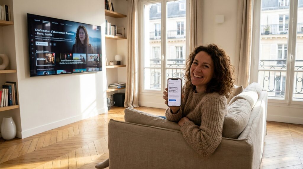 utilisateur français satisfait abonnement ottpremium sur canapé appartement parisien moderne