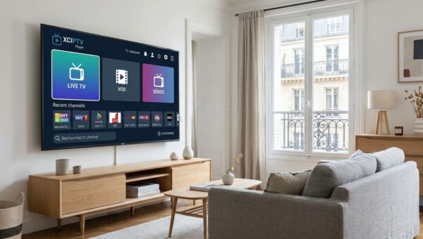 interface XCIPTV Player sur TV avec catégories Live TV et VOD