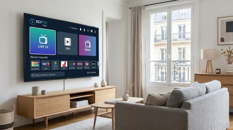 interface XCIPTV Player sur TV avec catégories Live TV et VOD