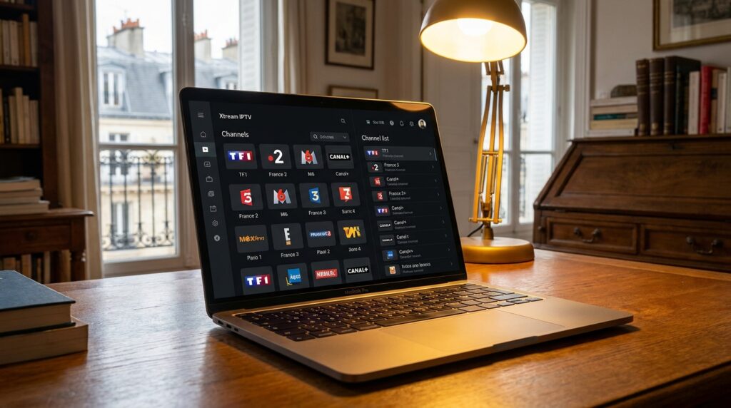 interface xtream iptv affichant des chaînes françaises sur ordinateur portable bureau français