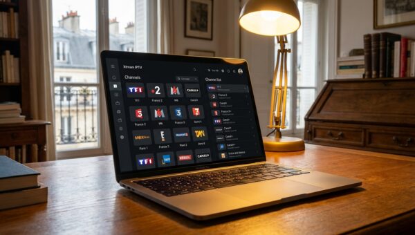 interface xtream iptv affichant des chaînes françaises sur ordinateur portable bureau français