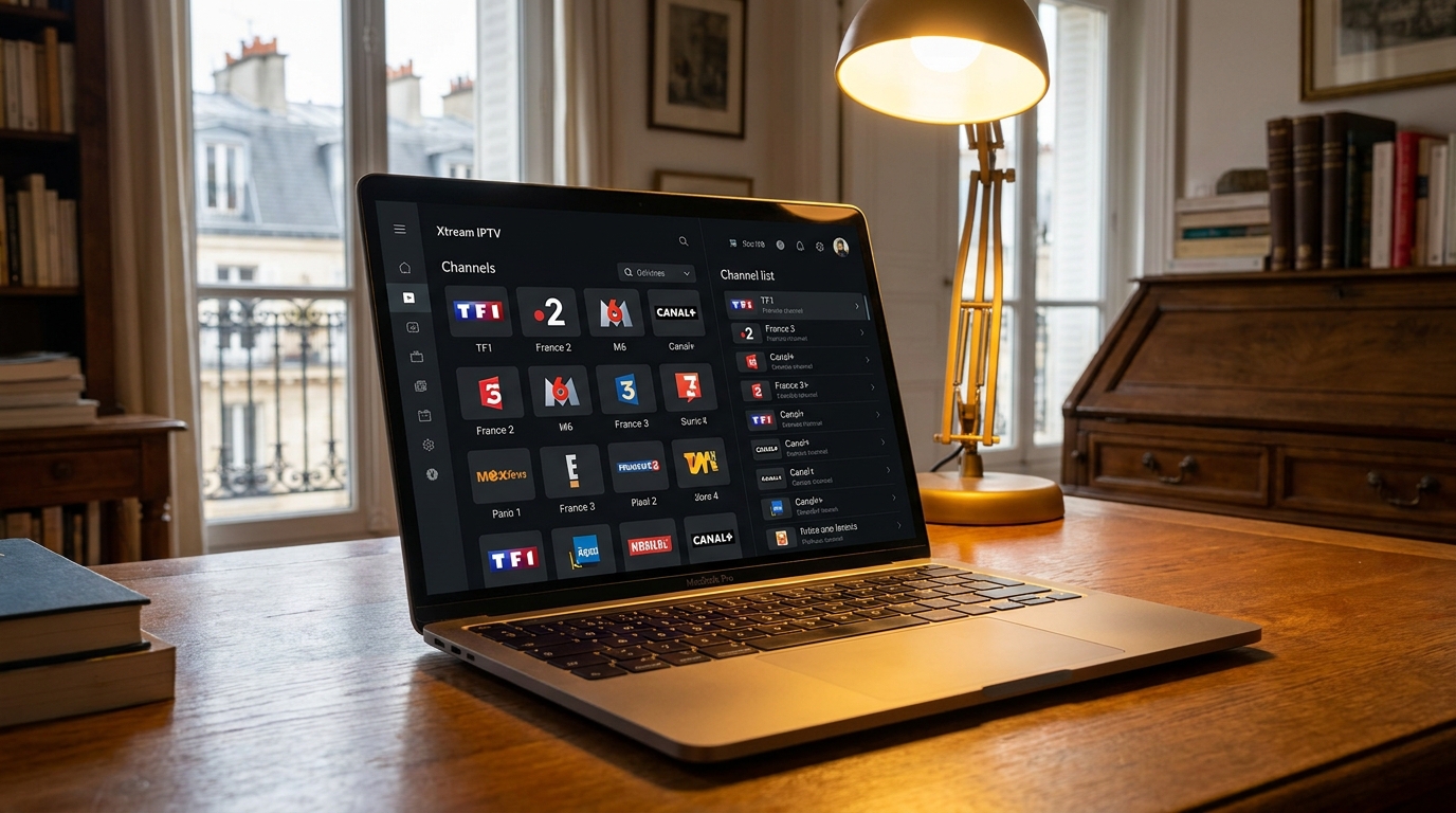 interface xtream iptv affichant des chaînes françaises sur ordinateur portable bureau français