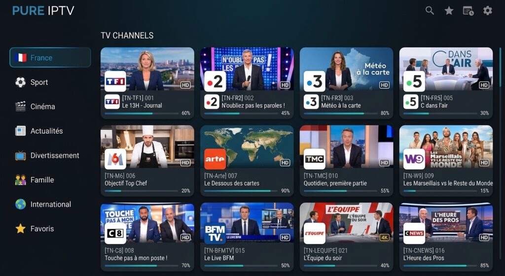 pure iptv interface application catalogue chaines